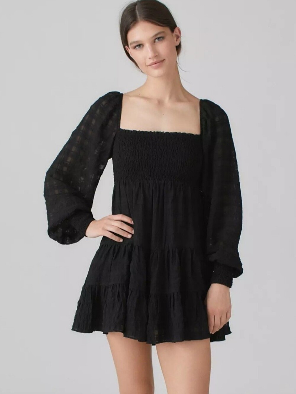 Urban Outfitters Smocked Long Sleeve Black Mini Dress Baby doll Western Boho   M